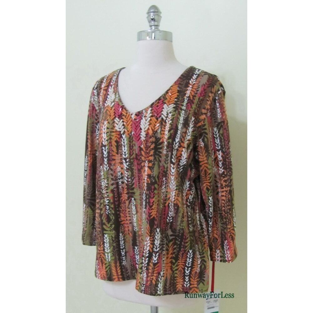 New RUBY RD Womens Large Beads Beaded Global Nomad Sabel Multi Stretch Tee Top - Picture 6 of 6